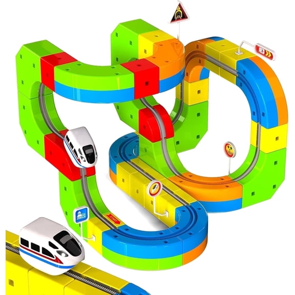 Electric Train Set for Kids, 69Pcs Build 3D DIY Track Building Kits with Train and Traffic Signs, STEM Car Toy Set for Kids, 3 4 5 6 7 8 Years Old Boys & Girls Birthday