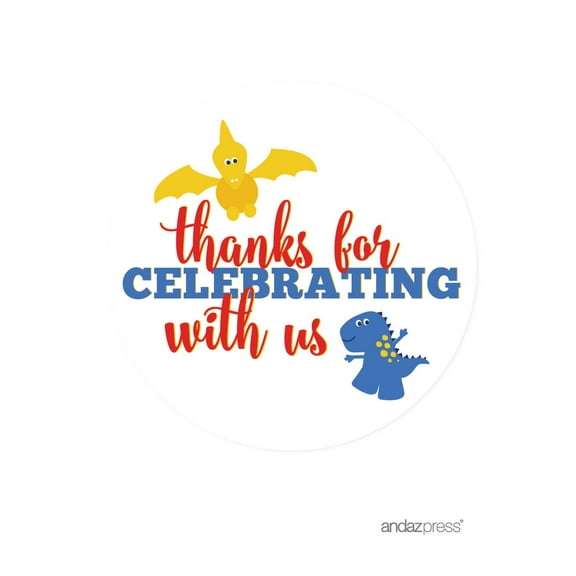 Birthday Round  Dinosaur Party Labels, Thank You for Celebrating With Us!  40-Pk