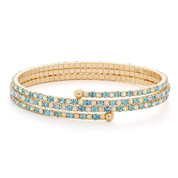 X & O 14KT Gold Plated Crystal Three Row Flex Bangle in Aquamarine and Crystal AB Combination