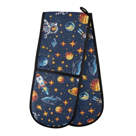 Dailycode Double Sided Oven Mitt with Loop Heat Resistant Kitchen Long Potholders 7" x 35" Space Stars Rocket Whale