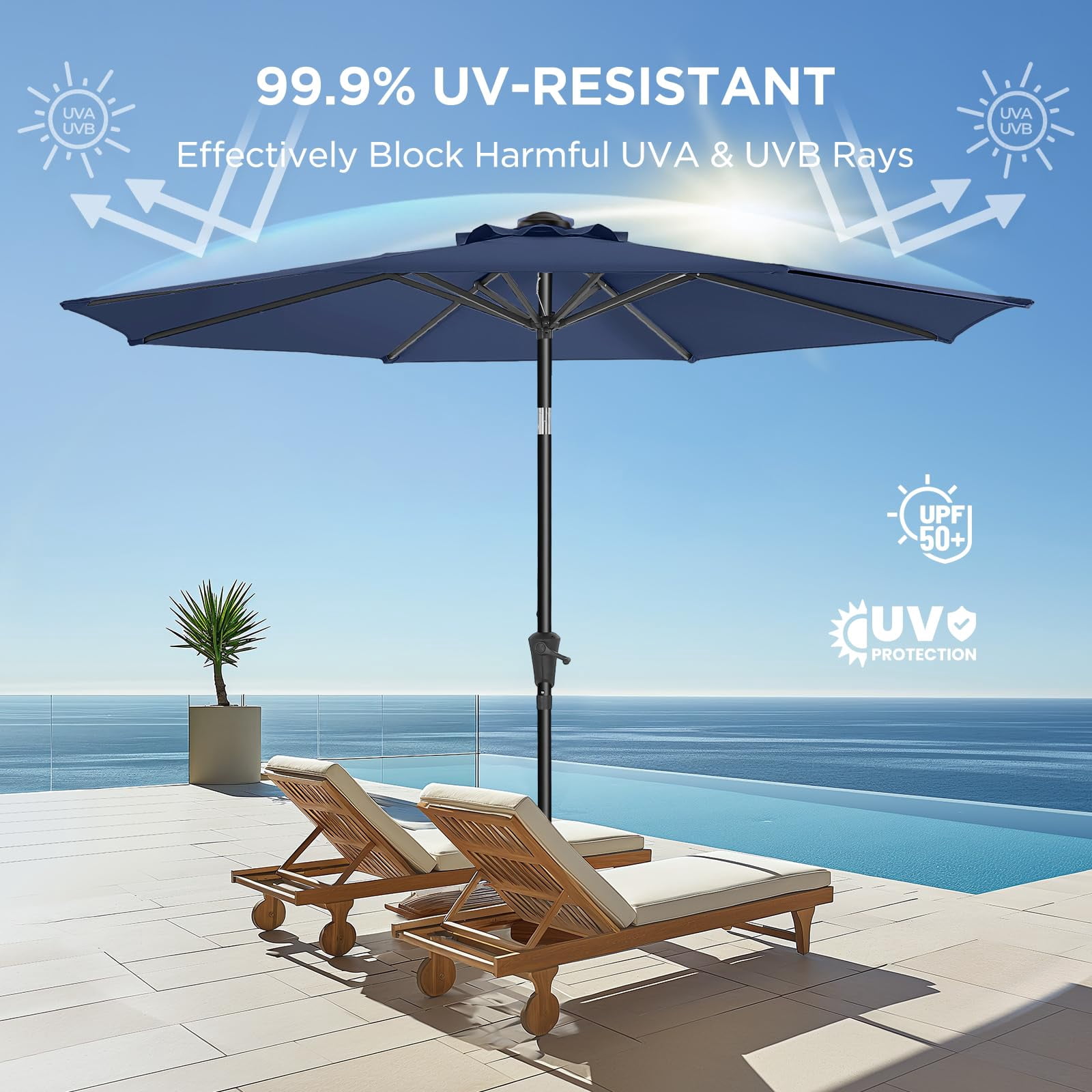 9ft Outdoor Patio Umbrella - UPF50+ UV Protection with Push Button Tilt, Crank and 8 Sturdy Ribs