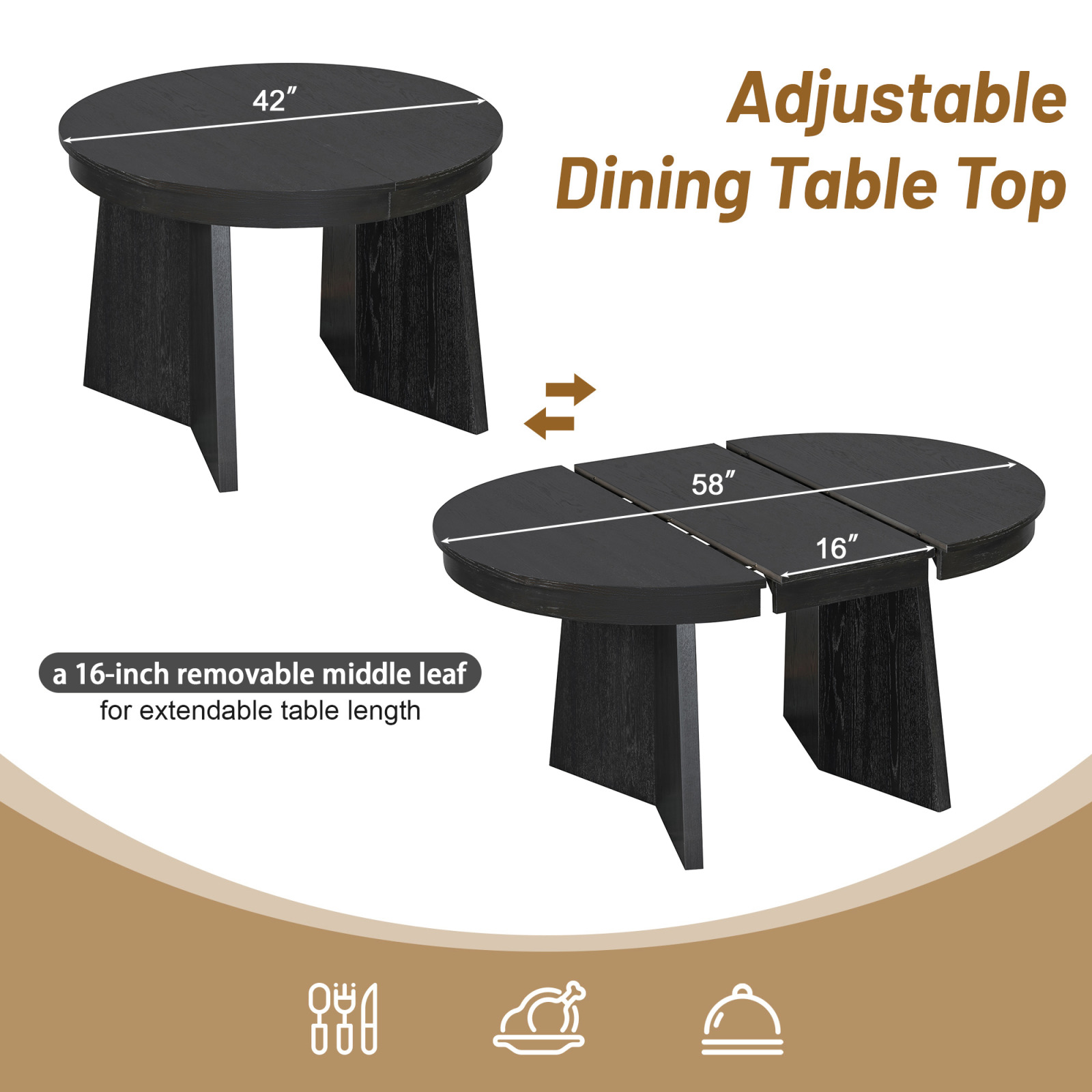 5-Piece Extendable Dining Table Set for 4 People, Solid Wood Kitchen Table Set with 4 Upholstered Chairs and Rattan Backrests for Dining Room and Kitchen, Espresso