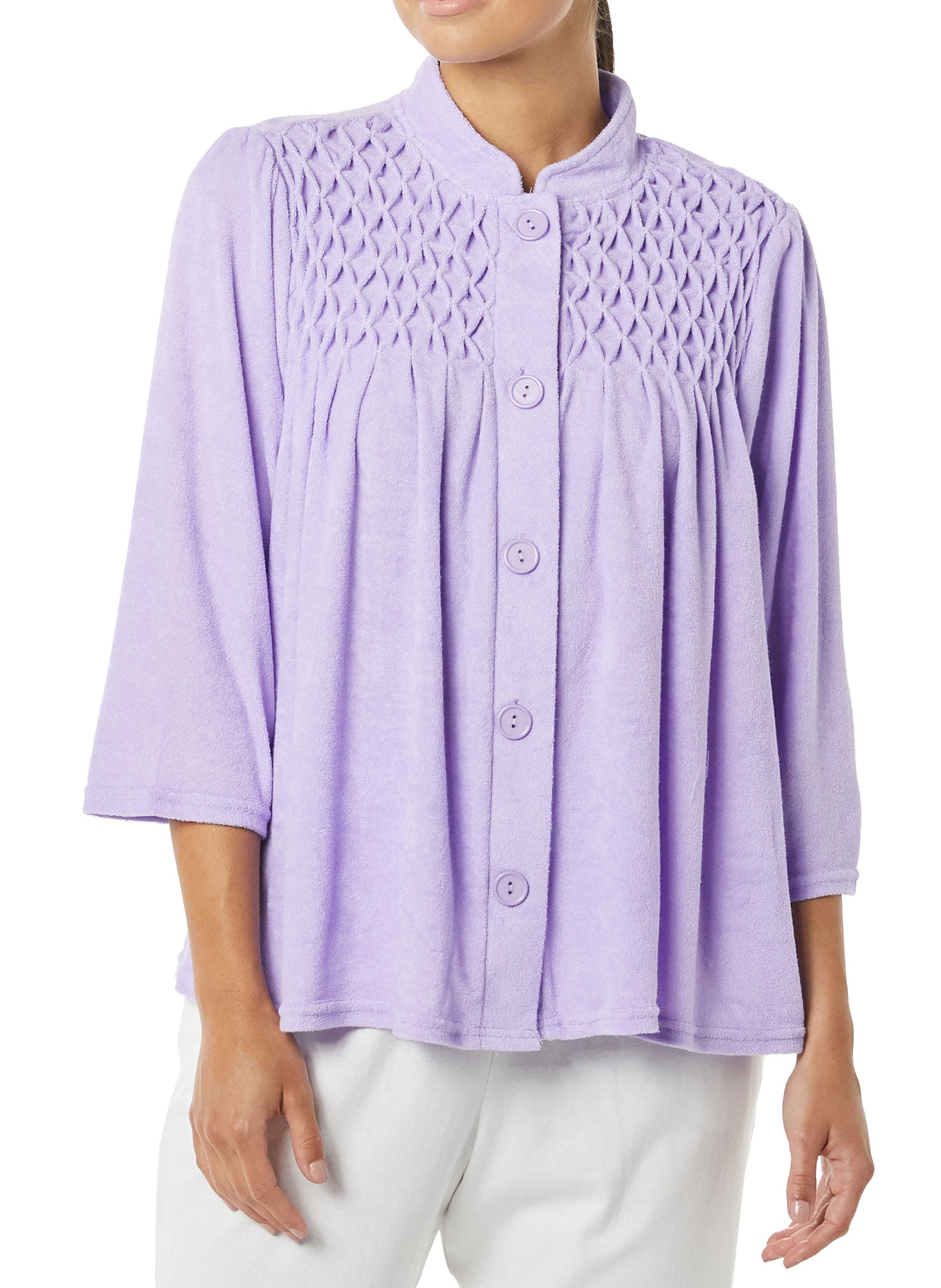 AmeriMark Women's Terry Knit Bed Jacket Button Down Front with Waffle ...