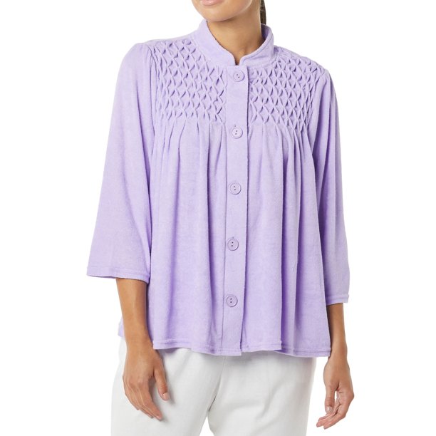 AmeriMark Women's Terry Knit Bed Jacket Button Down Front with Waffle