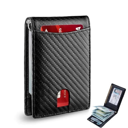 Slim Wallets for Men - Leather Money Clip RFID Blocking Bifold Wallet -（Carbon Black）