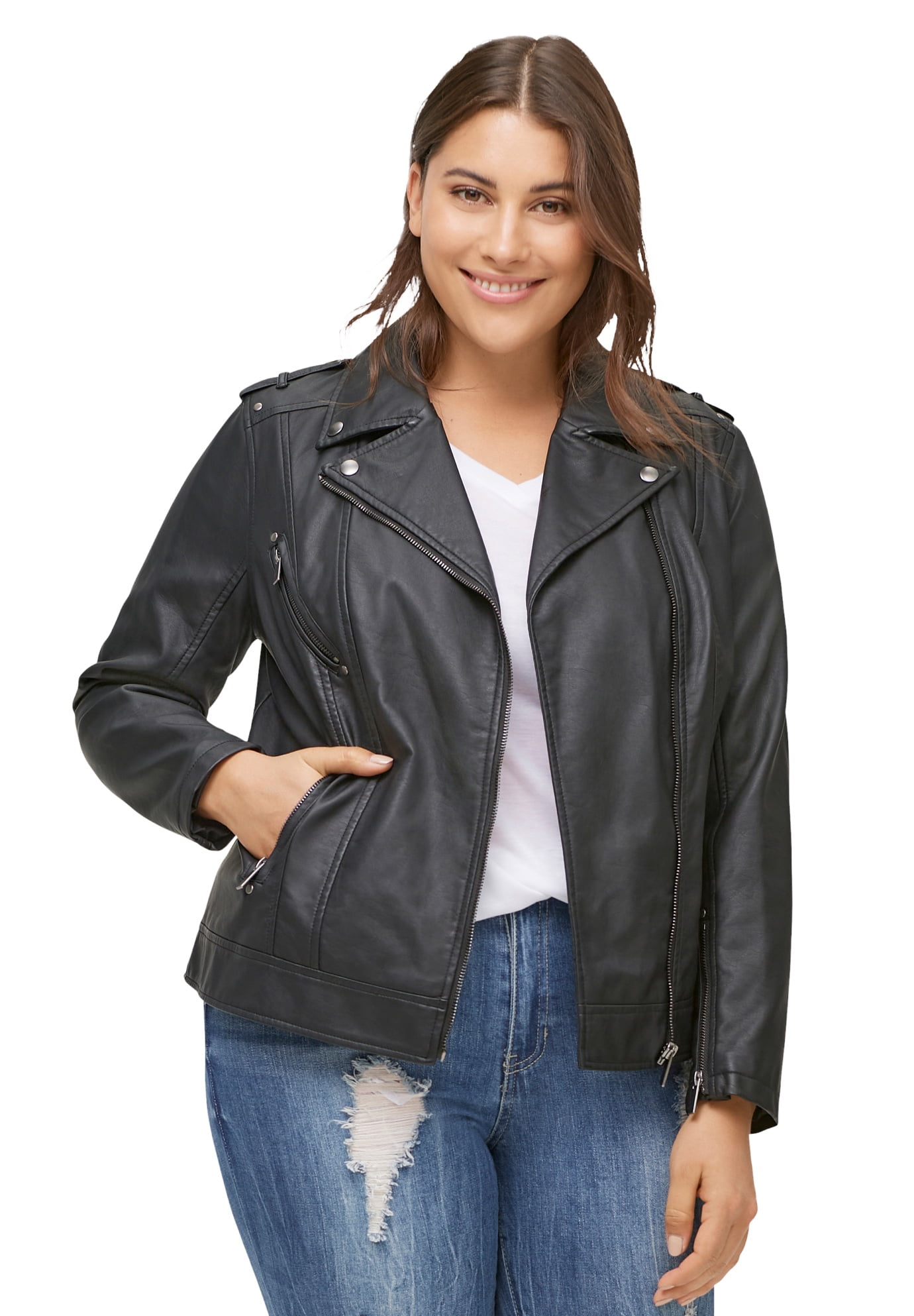 dominere jug Regnskab ellos Women's Plus Size Faux Leather Moto Jacket - 16, Black - Walmart.com