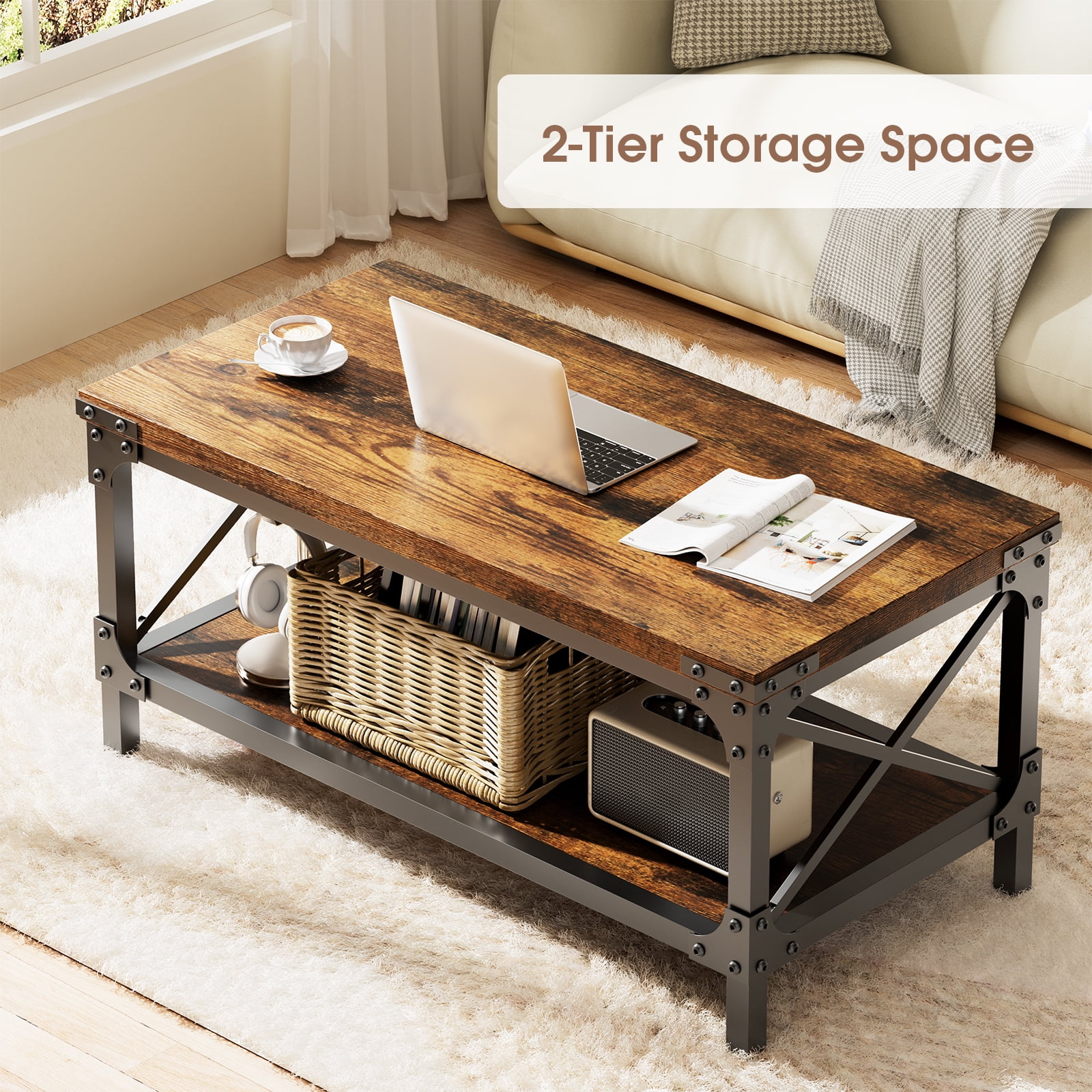 LazySpin Industrial Rectangle Wood Coffee Table for Living Room, Rustic Brown