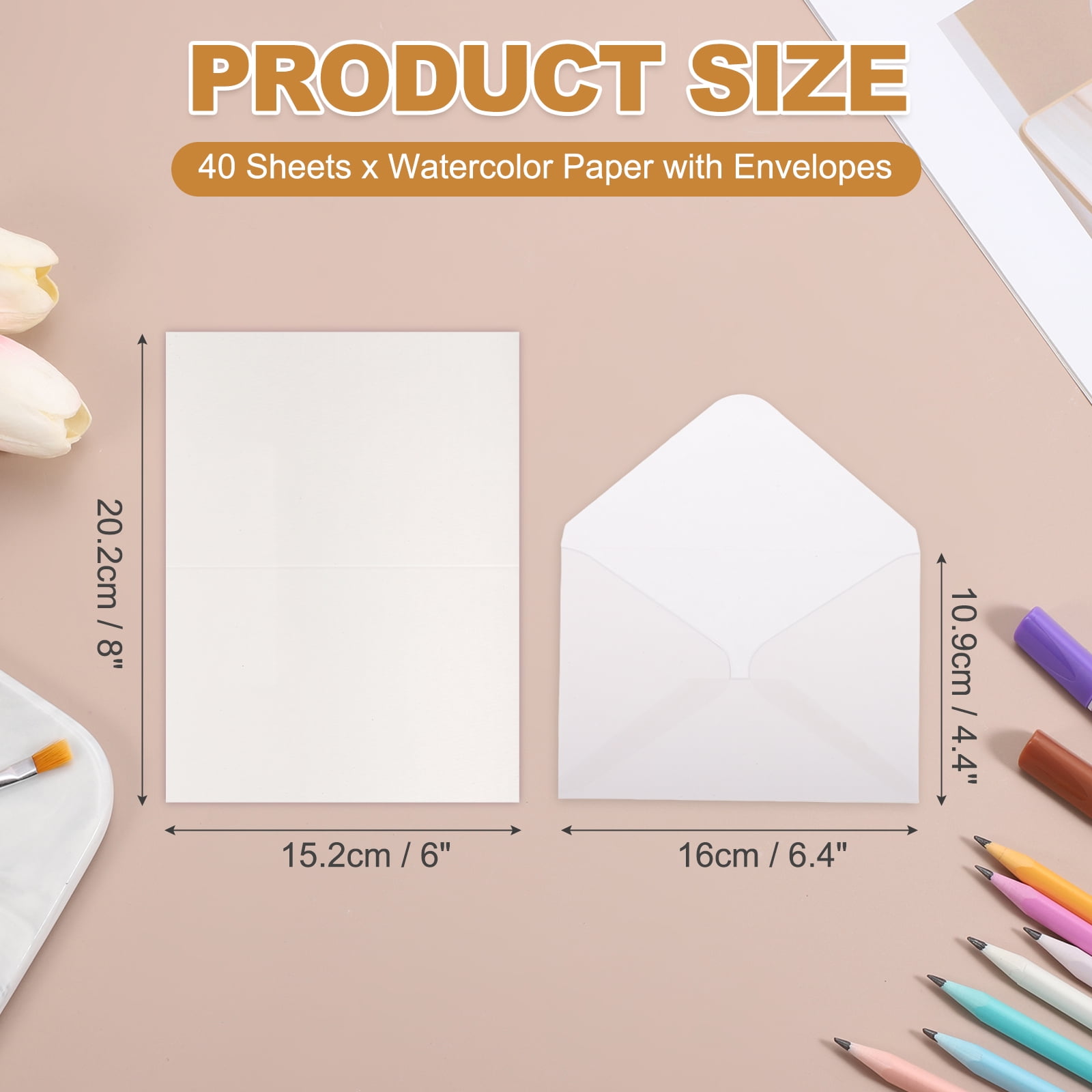 Uxcell 40 Set Watercolor Paper with Envelopes 6 x 8 Inch 140lb/300gsm Artist Painting Drawing Paper Cold Press Water Color Sheet for Sketchbook Journal (Straight Corner)