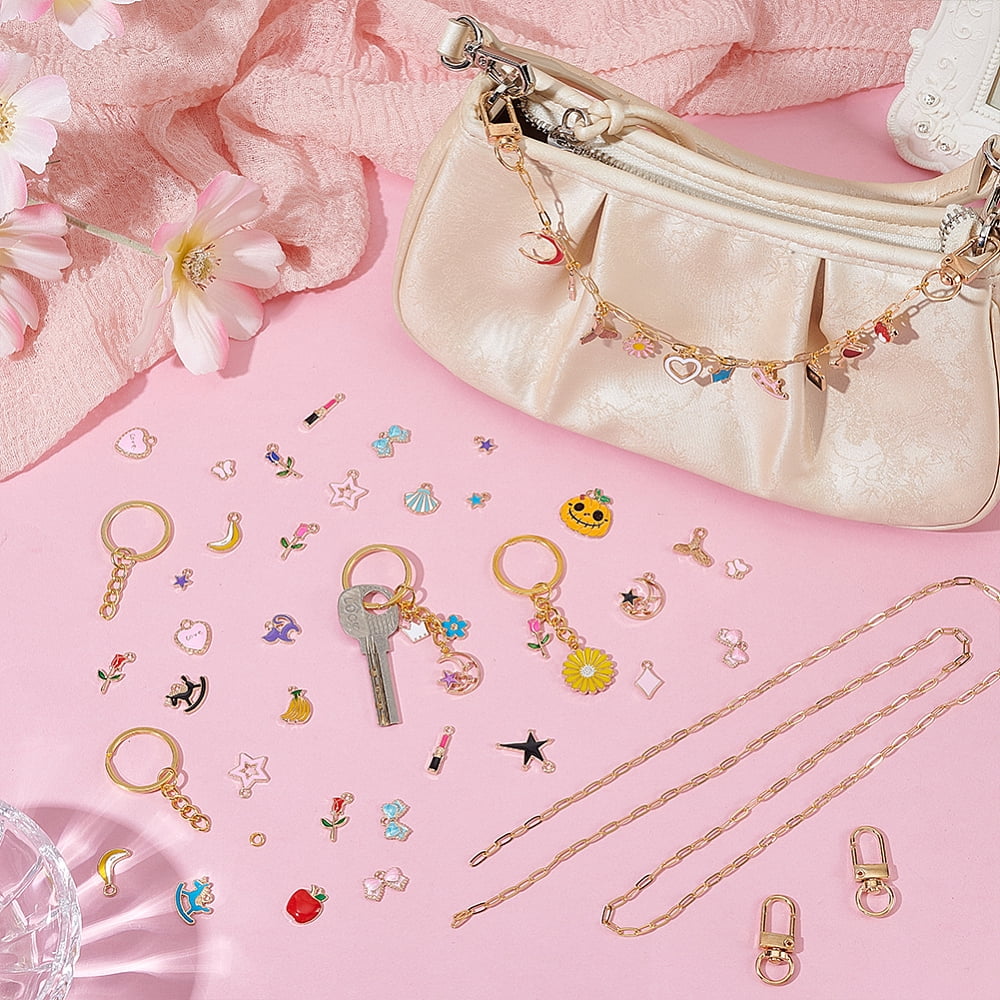 DIY Keychain Making Kit Including Zinc Alloy Enamel Pendants Brass Paperclip Chains Alloy Swivel Snap Hook Clasps Carbon Steel Jewelry Pliers