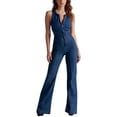 thumbnail image 2 of Women's Sleeveless High Waisted Wide Leg Denim Jumpsuit Jean Pants Rompers, 2 of 6