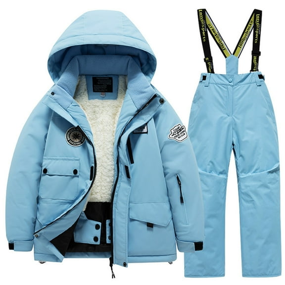 Xfvqtps Ski Jacket and Same Color Pant Set Snowsuit Plush Lined Hooded Coat and Overalls Waterproof Windproof Winter Warm Snowboarding Suit Blue