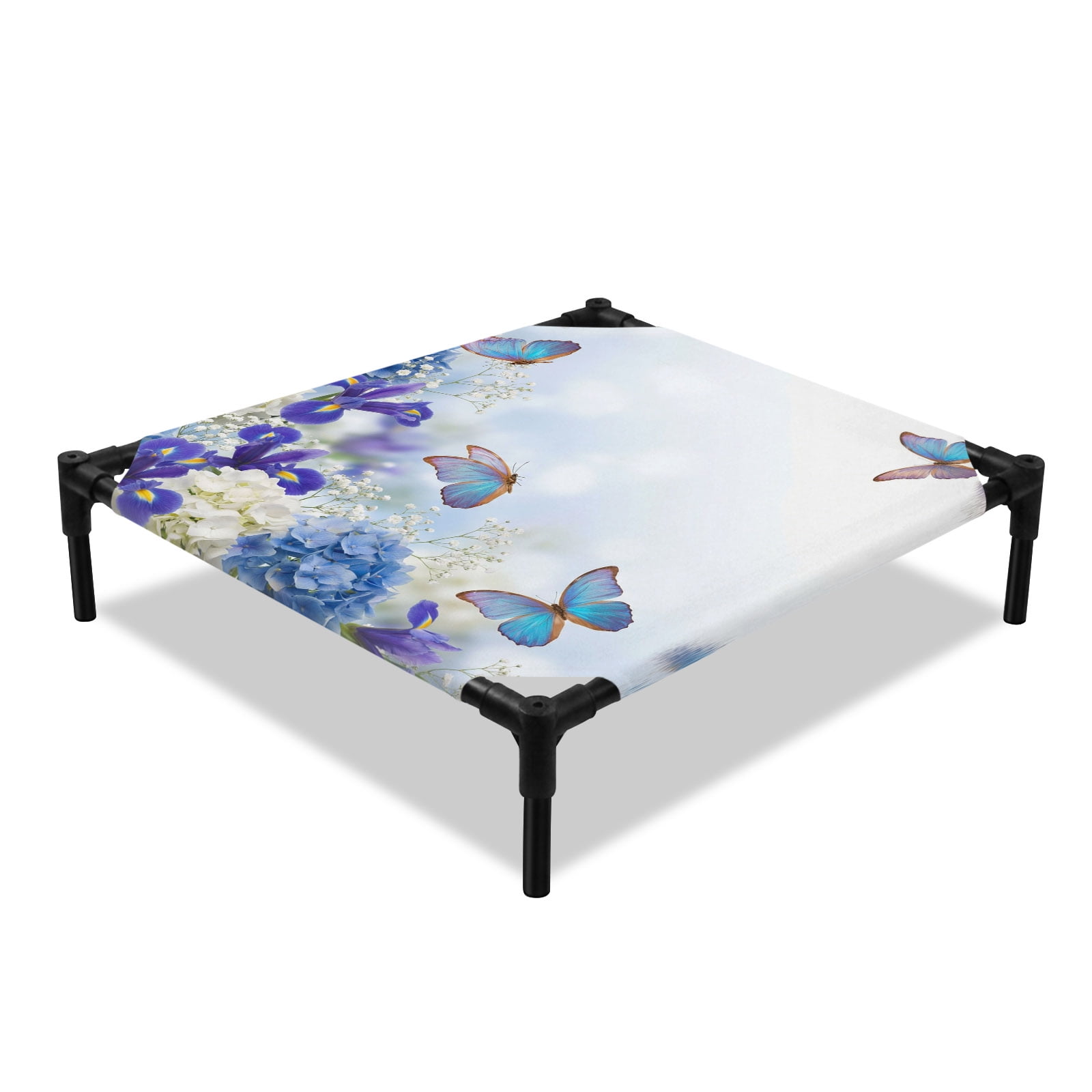 Purple White Flowers Elevated Dog Bed Butterflies Blue Hydrangea Gradient Cooling Breathable Outdoor Raised Dog Cot Bed with Metal Frame Non-Slip Feet for Small Dog 20x20in