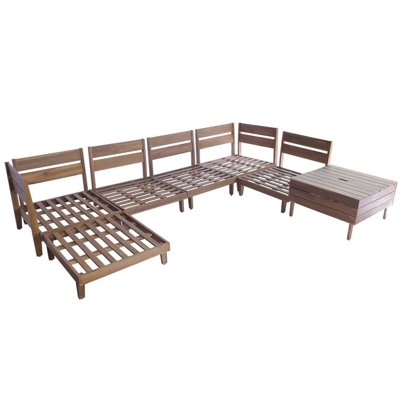 8-Piece Patio Furniture Set with Coffee Table, Outdoor U-Shaped Sectional Sofa Set with Storage Tea Table, Acacia Wood Conversation Set with Ottoman
