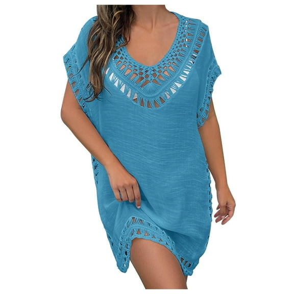 Xuhomer Sunscreen Cover for Women Crochet Hollow Short Sleeve Crew Neck Flowy Summer Cover Up Bikini Swimsuits Bathing Suits Loose Beach Cover Ups Swimsuit Cover-up Dress Blue Free Size