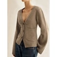 thumbnail image 6 of Womens Deep V Neck Cardigan Sweaters Open Front Long Sleeve Cropped Knit Coats with Pockets Camel Color S, 6 of 10