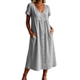 thumbnail image 2 of Horkkom Midi Dresses for Women V Neck Short Sleeve Solid Color Linen Dress Summer Loose Casual Dresses, S-2XL, 2 of 6