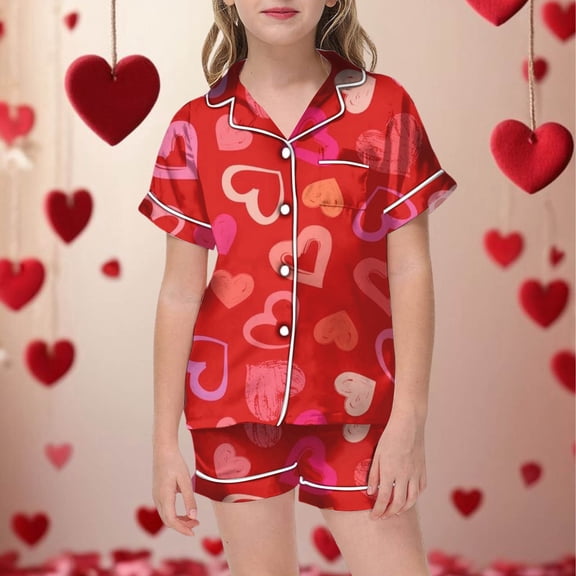 Girls Pajama Set Sleepwear Casual Outfit with Pockets for Young Girls Ideal for Valentine's Day