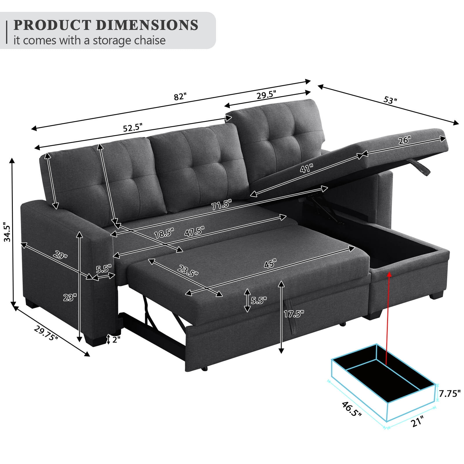 Upholstered Pull out Sectional Sofa with Chaise Modular Couches with Storage 5 Seat Sponge Sofa for Living Room Dark Gray