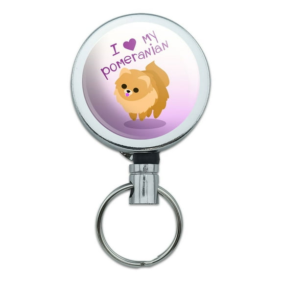 I Love Heart My Pomeranian Golden Pink Dog Pet Retractable Belt Clip Badge Key Holder