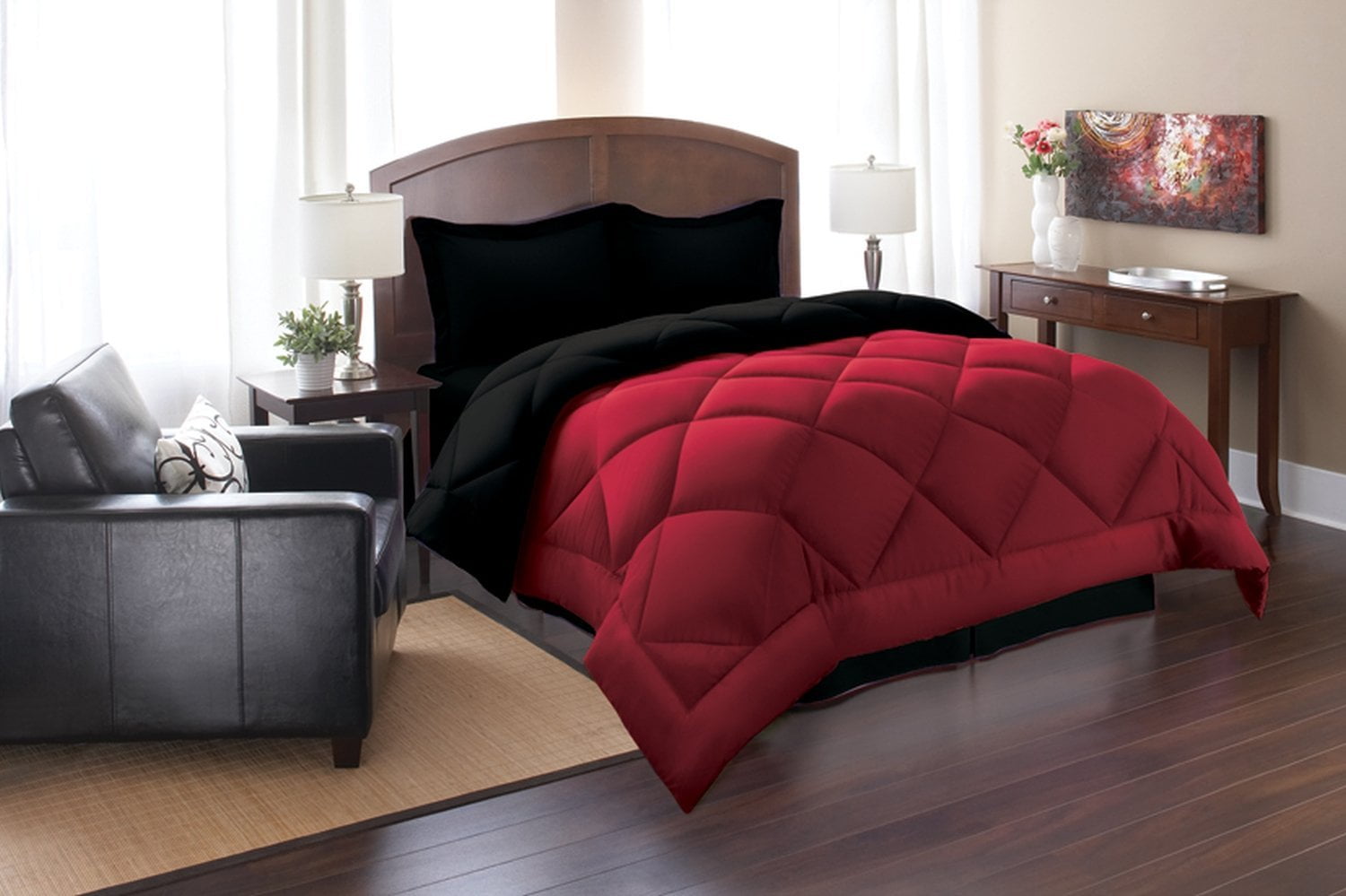 Fancy Linen Down Alternative Comforter Set Reversible Black/Burgundy All Sizes 