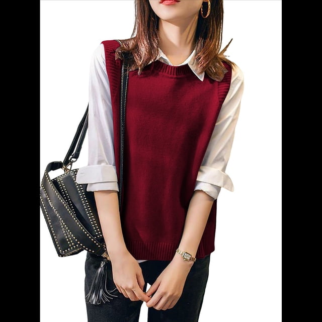 Suéter Sin Mangas de Cuello Redondo para Mujer, Jersey de Punto Acanalado, Chaleco Rojo S