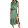 thumbnail image 1 of Bowake Robes d'Invité de Mariage pour Femmes Col Montant Sans Manches Robe Formelle en Satin Fendue Midi Robe de Cocktail, 1 of 7