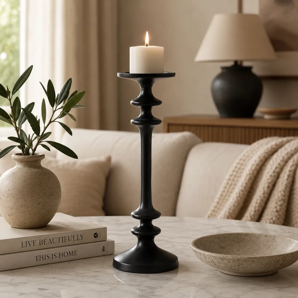 14 Inch Black Aluminum Candle Holder, Modern Matte Candlestick Stand for Pillar Candles