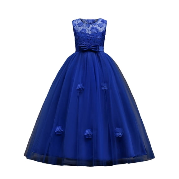 CPNG Girls Long Tulle Dress Solid Color Formal Gown Sleeveless Round Neck Elegant Cozy Bow Flower A Line Dress Princess Dresses(Blue,15-16 Years)