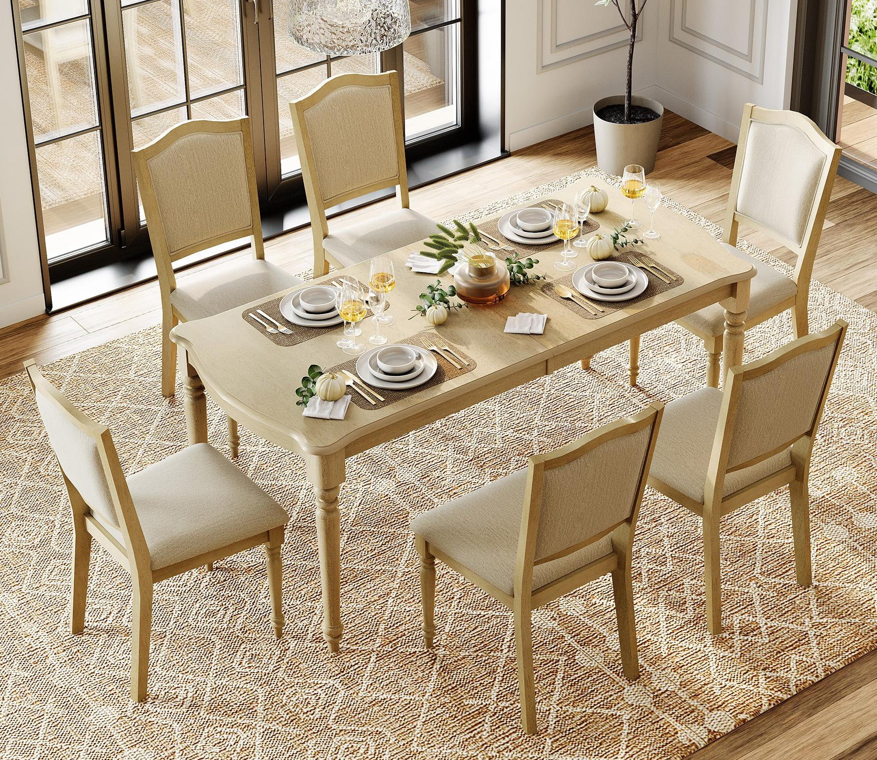 Set of 6 Dining Chairs with Upholstered Back & Seat, Farmhouse Kitchen Chair with Solid Wood Legs for Dining Room, Oak