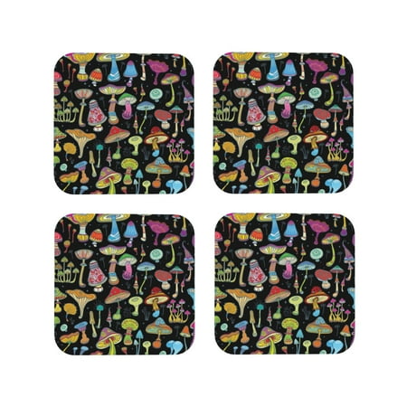 

Junzan Bright Mushrooms Print Coasters for Drinks - Leather Coasters Set of 4 for Coffee Table for Housewarming/Kitchen/Bar/Decor-Square