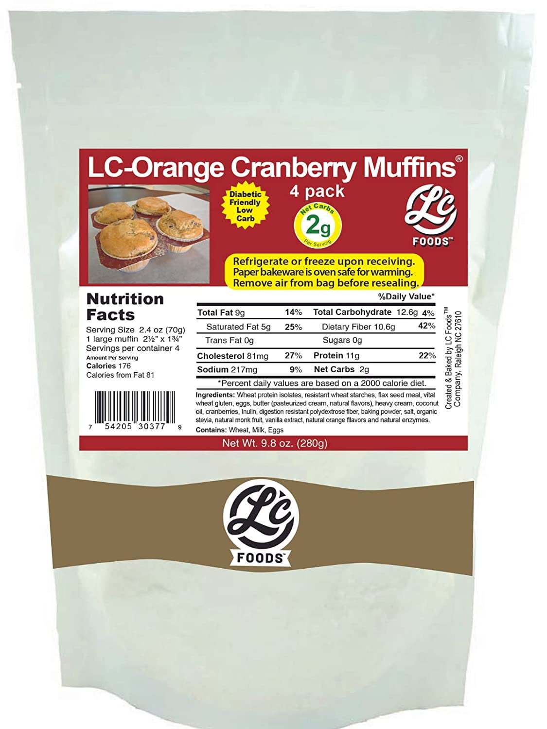 Low Carb Orange Cranberry Muffins (4 Pack) | Sugar-free | No Artificial Sweeteners | Fresh Baked Muffins for Breakfast (9.8Oz)