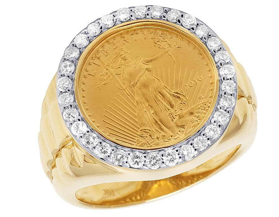Men'S 24K Yellow Gold Genuine Diamond 1/10 Oz Lady Liberty Coin Ring 3/4 Ct  20Mm - Walmart.Com