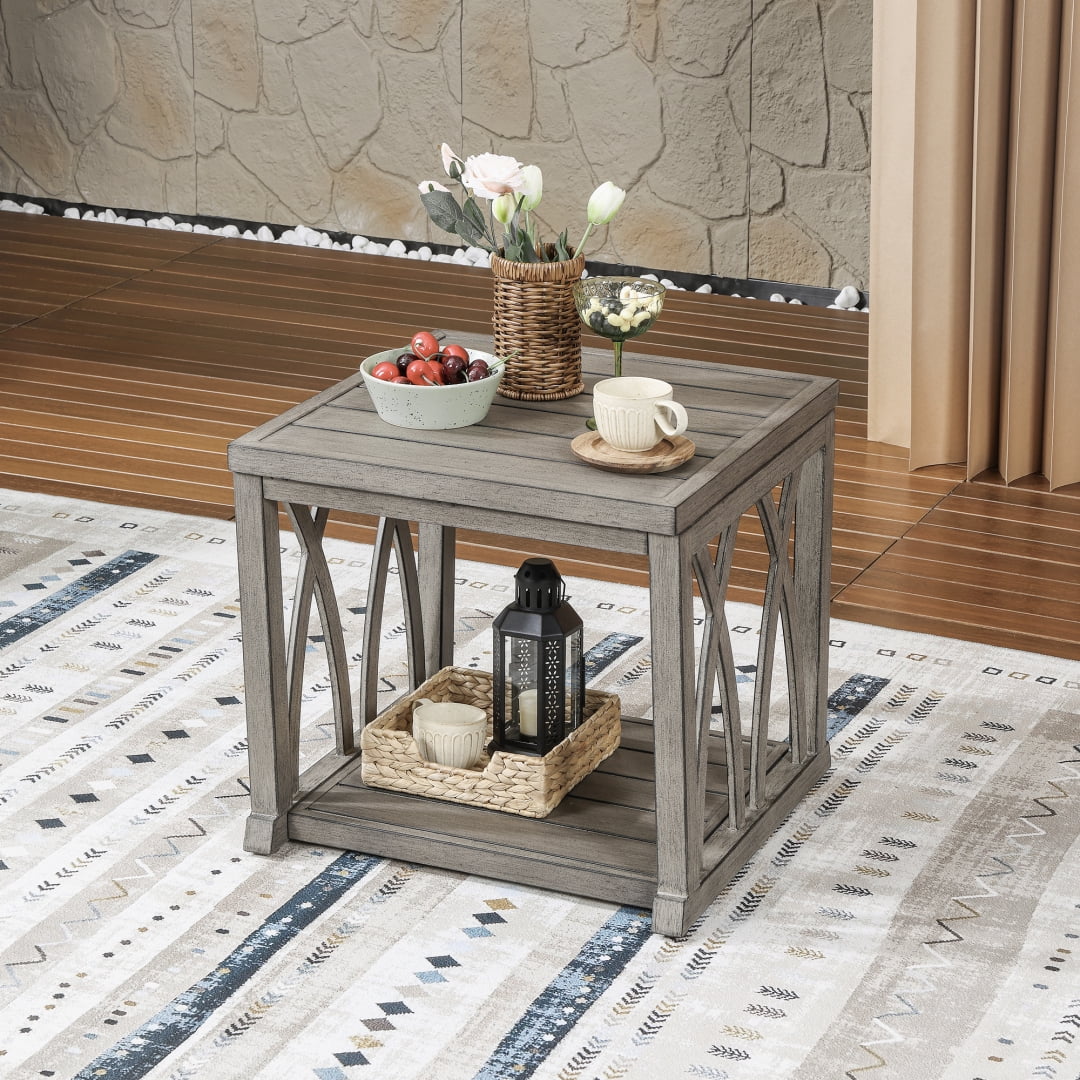 Outdoor Aluminum 2-Tier Side End Table, Limed Oak Finish, Adjustable Leveling Feet, Rust-Free