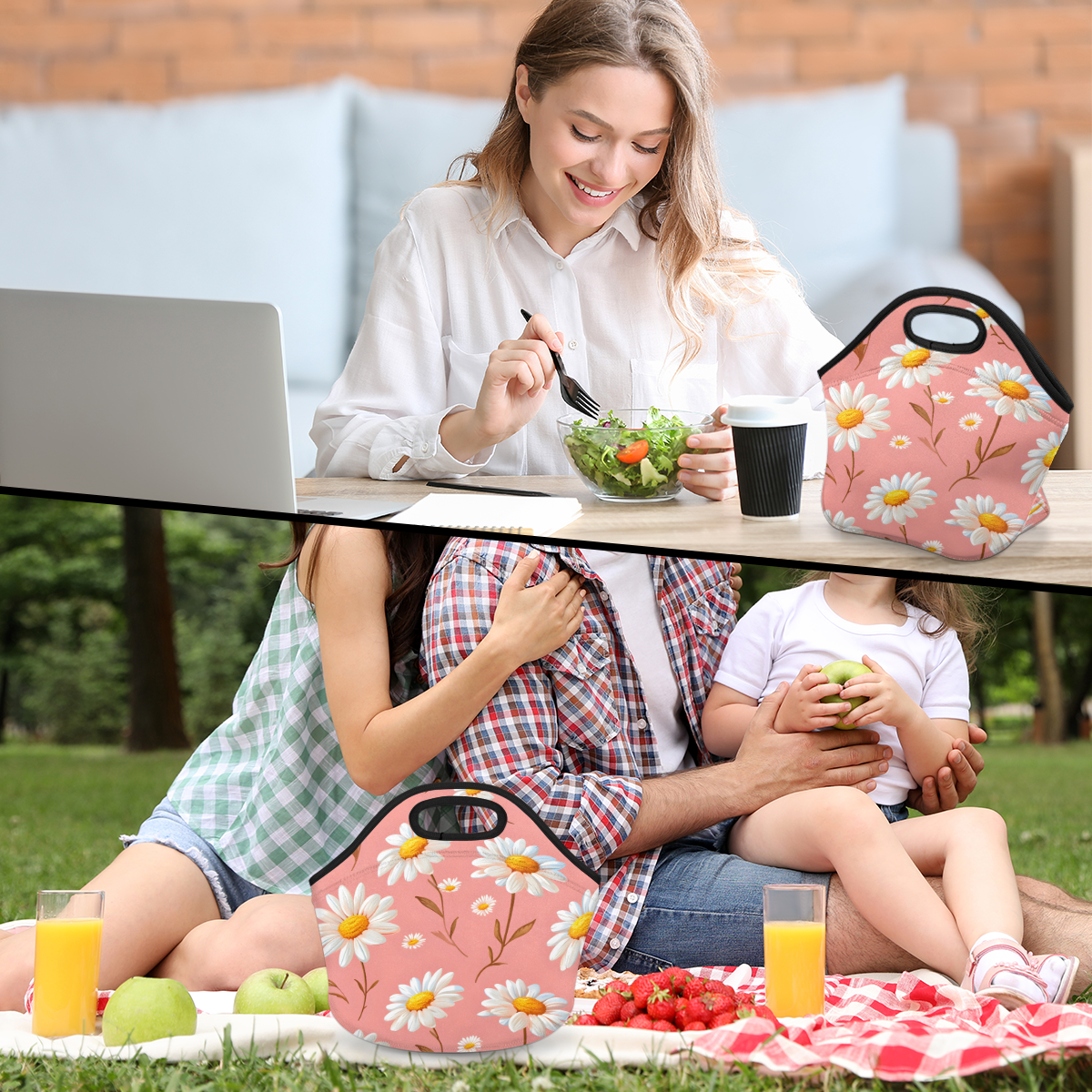 Herdesigns Pink Floral Neoprene Lunch Bag, Daisy Insulated Lunch Box for Women Men Washable Lunch Tote Soft Lunch Container With Zipper for Work Picnic Travel