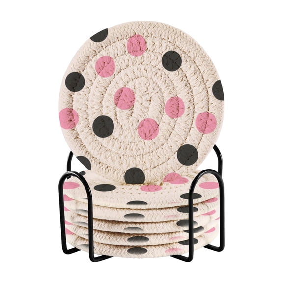 6-Pack Coiled Coasters Set with Storage Rack Heat-Resistant for Home, Office or Gift Pink and Black Dots (3.94in Diameter)
