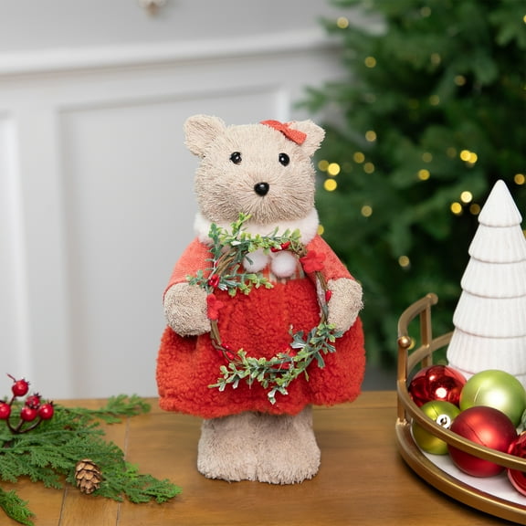 Northlight Woodland Girl Bear Holding Wreath Christmas Figure - 10"