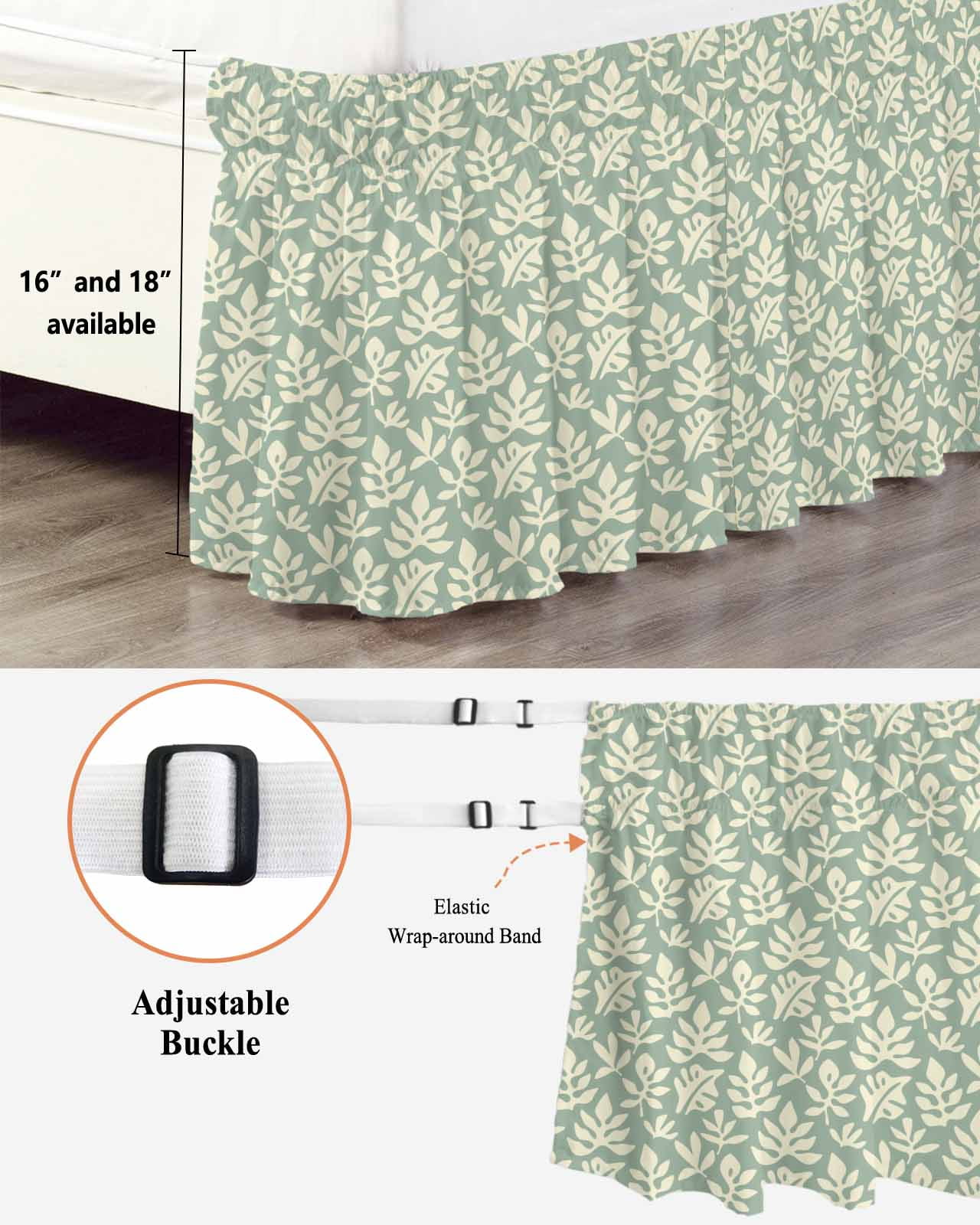 Simple Daisy Silhouette Bed Skirt King Size 16 Inch Drop, Retro Flower Green Patterns Adjustable Elastic Dust Ruffles Bedskirt for King Bed Wrap Around Pleated Mattress Frame Cover