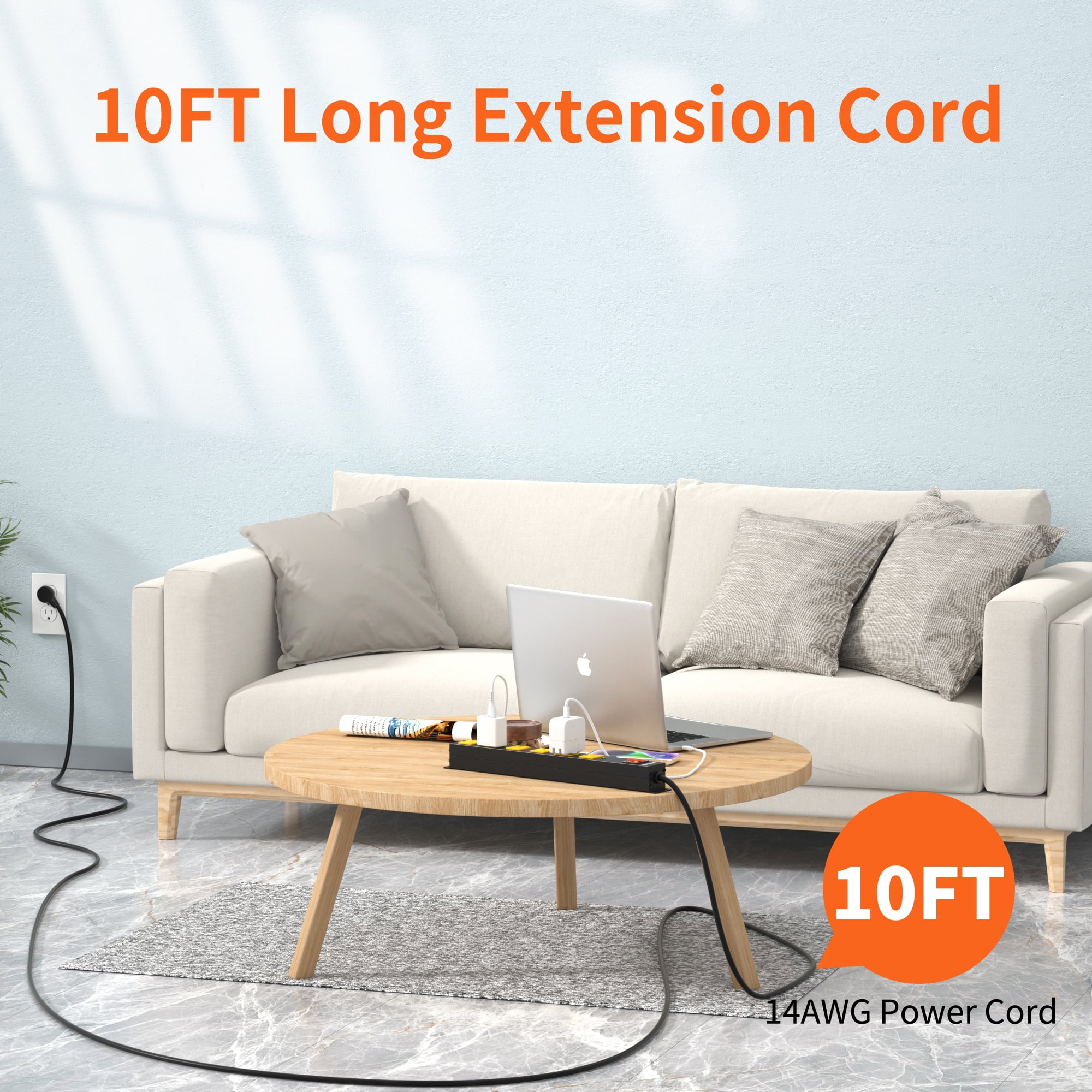 6 Outlet Power Strip 2700J Surge Protector, Heavy Duty Power Strips with Flat Plug and 10FT Long Cord, Wall Mountable Metal Outlet Strip for Desk, Garage, Workbench and Kitchen