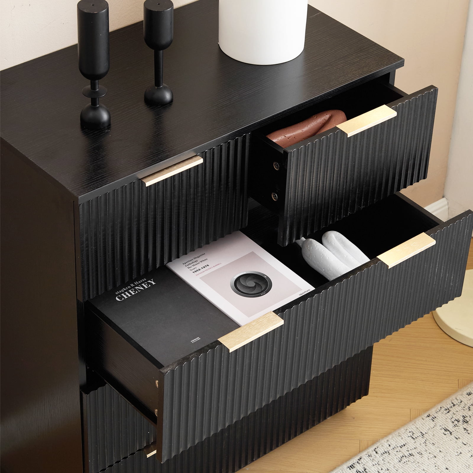UBesGoo Fluted 5 Drawer Dresser for Bedroom Wood Storage Dresser Modern Closet Dressers Chest of Drawers Organizer for Bedroom Living Room, Black