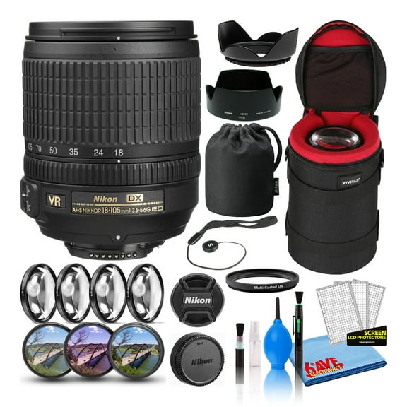Nikon AF-S DX NIKKOR 18-105mm F/3.5-5.6G ED VR Lens (2179) Intl with Padded Lens Case   Macro Filter Kit   UV, CPL, FL Lens Filters   Tulip Hood   Lens Cap Keeper   Cleaning Kit