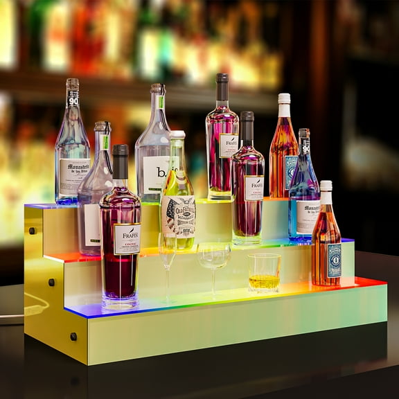 Uforic LED Liquor Bottle Display Shelf 3 Tier 30-Inch Lighted Bar Shelves Colorful Acrylic Storage Rack with Dazzling Panel RF Remote & App Control Supports Power Bank Multicolor Lighting Shelf