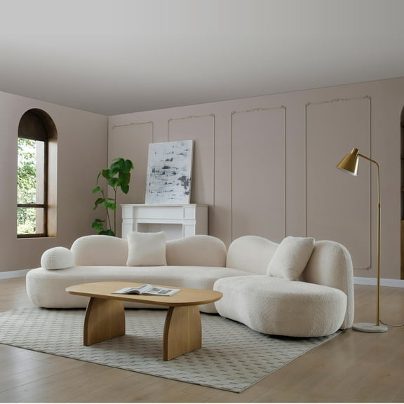 Modern Boucle Butterfly Backrest Curved and Modular Sectional Sofa Couch with 2 Pillows, White Boucle 5-Seater Modular Sofa Couch