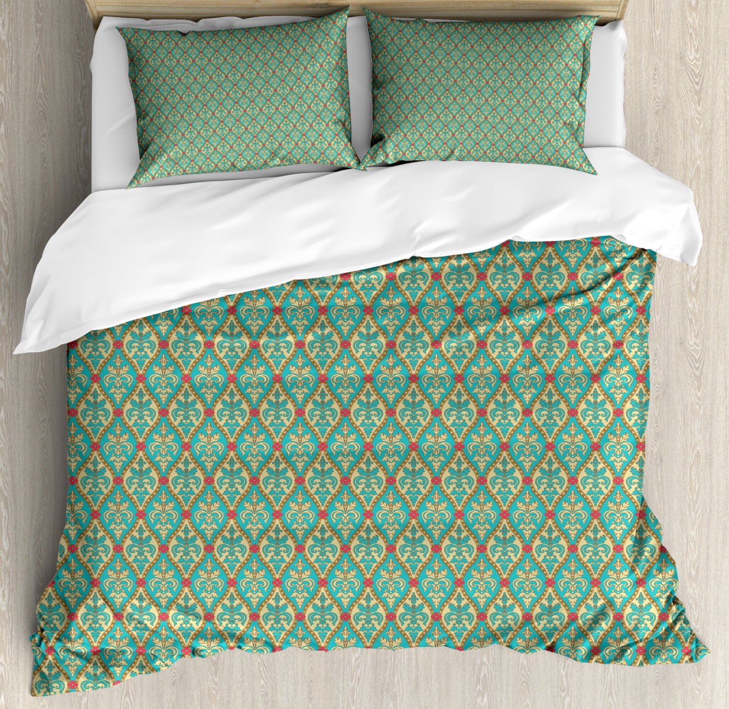 Turquoise Duvet Cover Set, Vintage Oval Shapes Floral Leaves