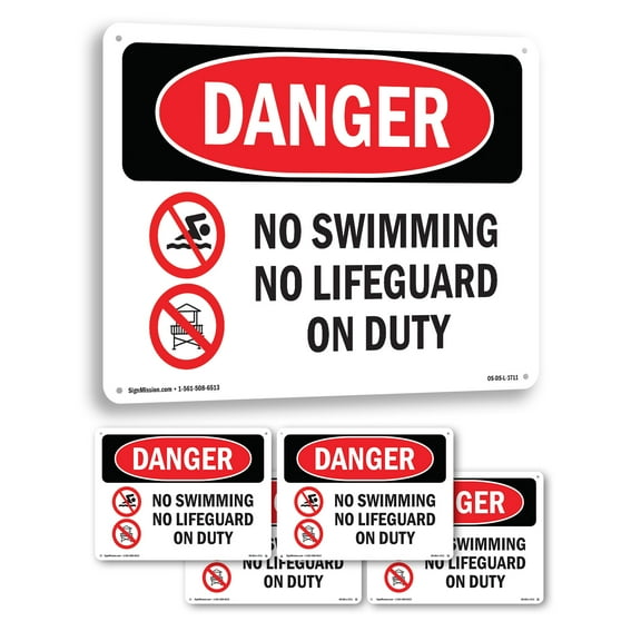 No Swimming No Lifeguard On Duty OSHA Danger Rigid Plastic Sign 14 Inch x 10 Inch - 5 Pack