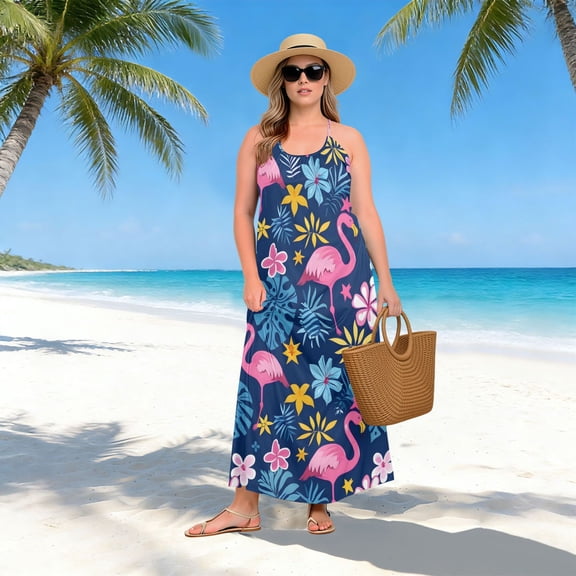 Women Dress Oversize Style Open-Back Design-Pink Flamingo Patterng