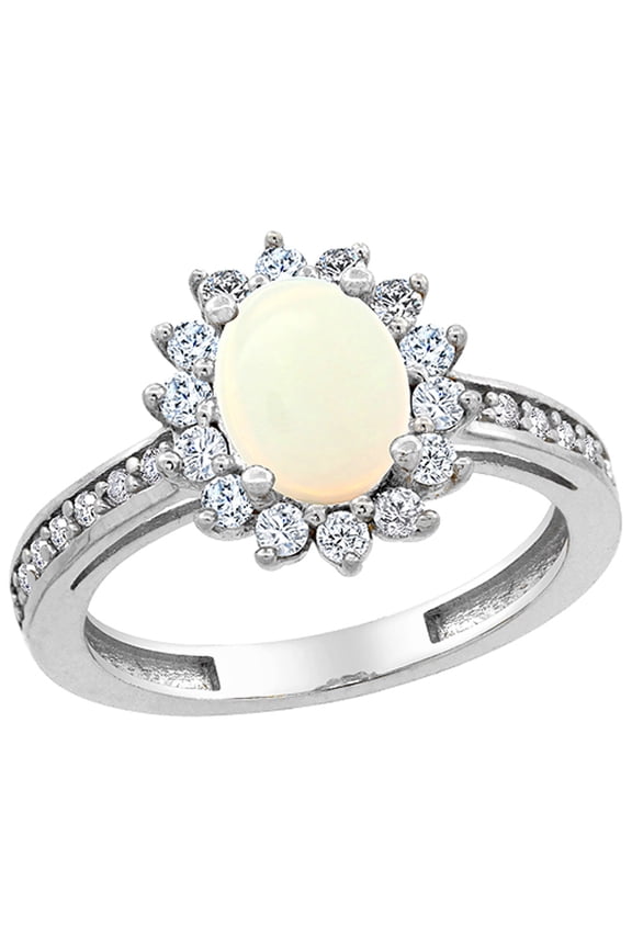 10K White Gold Natural Opal Floral Halo Ring Oval 8x6mm Diamond Accents, size 7