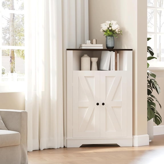 Farmhouse Corner Cabinet with Door Adjustable Shelf and Open Storage Shelves White