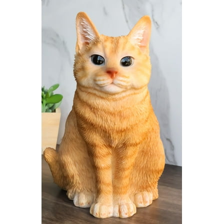 Realistic Adorable Fat Feline Orange Tabby Cat Kitten Sitting Figurine 7.5"H