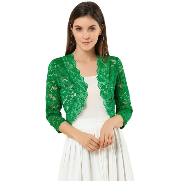 Top De Encaje Floral Transparente Allegra K San Patricio Cárdigan Toreras Man3/4 Elegante PaMujer Verde L