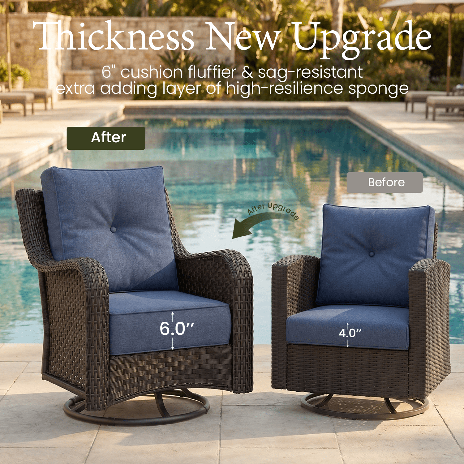 LayinSun 7 Piece Wicker Outdoor Furniture Set with 6-inch Comfy Cushions, High Back Patio Furniture Set with Rattan Armchairs and Fire Pit Table